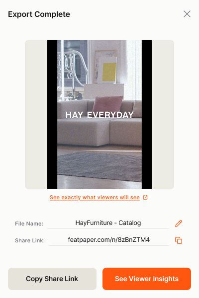 Export complete with a tracked share link and viewer insights